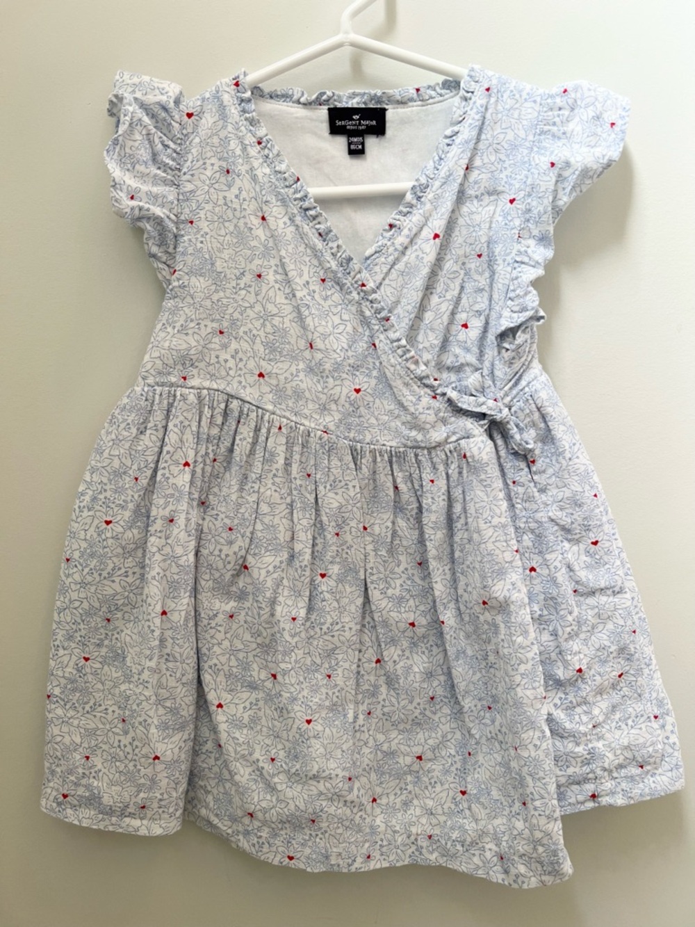 Sergeant Major Sweetheart Wrap Dress for Girls in Light Blue with Red Hearts